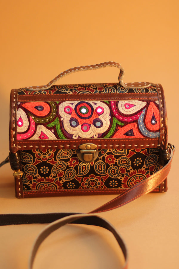 Kutchi Leather Box Bag | Mirrorwork Box Sling | Brown Ajrakh