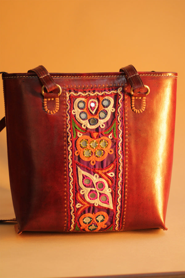 Kutch Leather Handbag | Embroidered Floral Multicolour