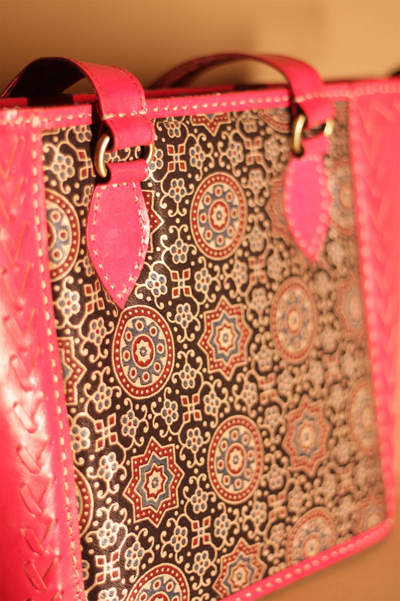 Kutch Leather Handbag | Embroidered with Ajrakh
