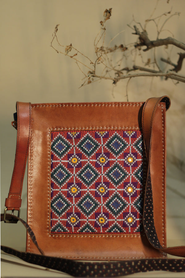 Kutchi Leather Bag | Sling | Embroidery Squares