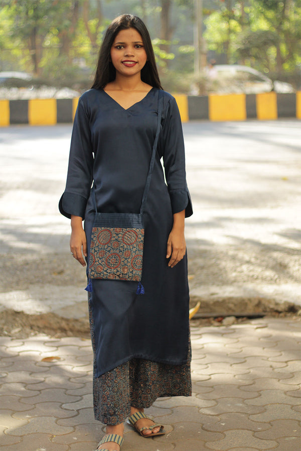 Fabric Sling Bag | Ajrakh Mashru | Indigo Concentric Circles