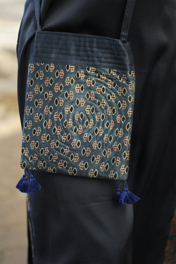 Fabric Sling Bag | Ajrakh Mashru | Indigo with Noir Floral