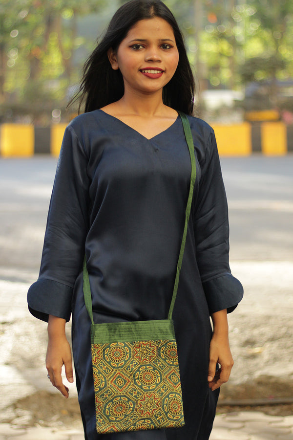 Fabric Sling Bag | Ajrakh Mashru | Bottle Green