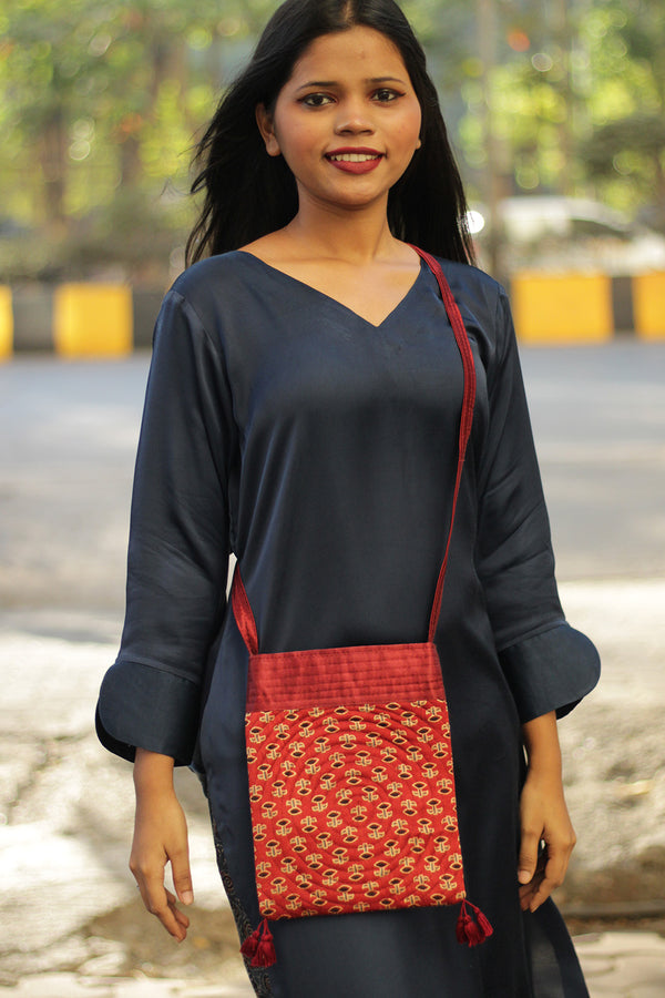 Fabric Sling Bag | Ajrakh Mashru | Madder Red Floral
