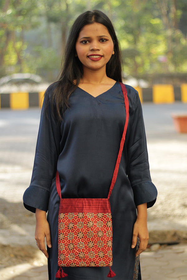 Fabric Sling Bag | Ajrakh Mashru | Madder Red Trellis