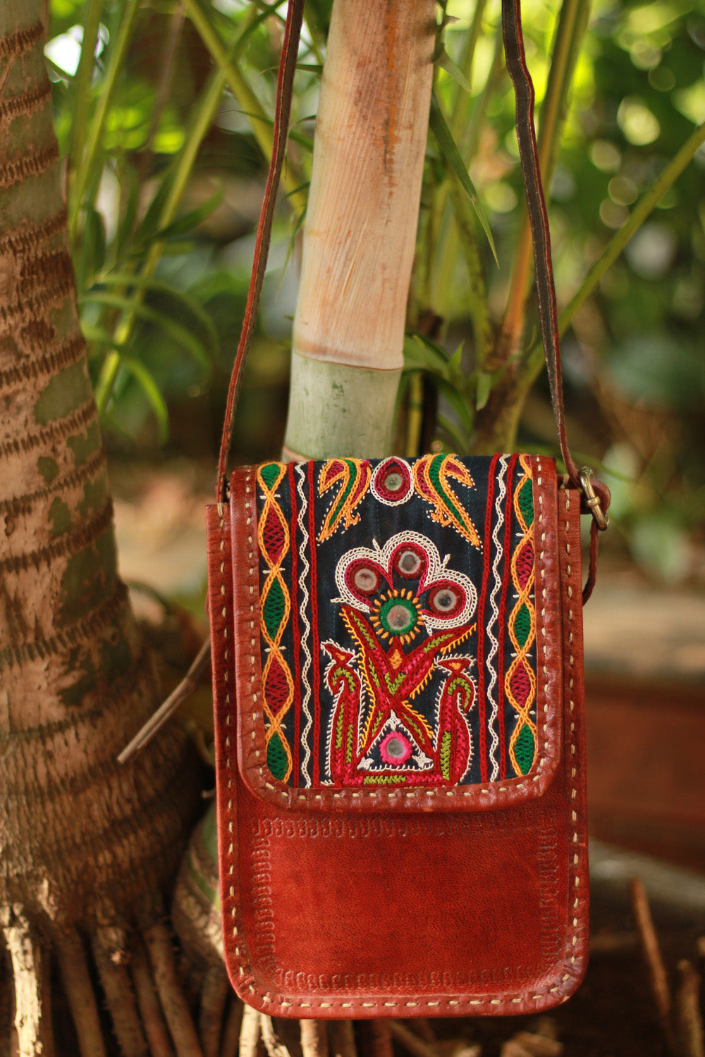 Handcrafted Kutch Leather Bag Mirrorwork Brown