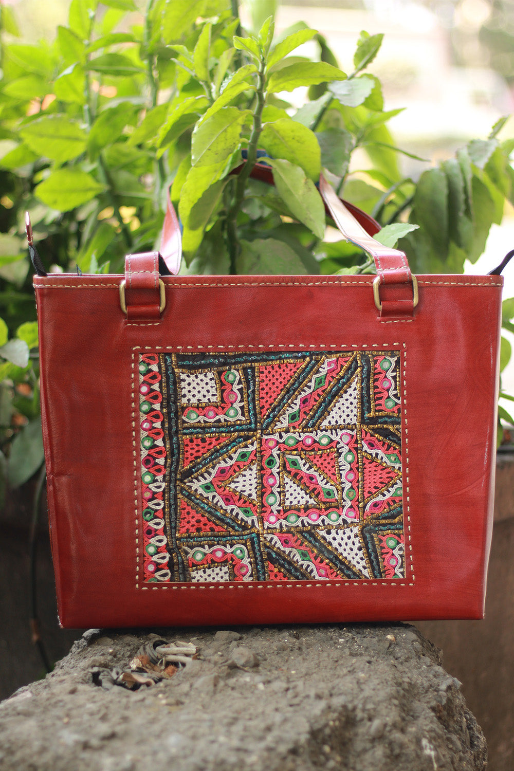 Handcrafted Kutch Leather Bag | Mirrorwork | Brown