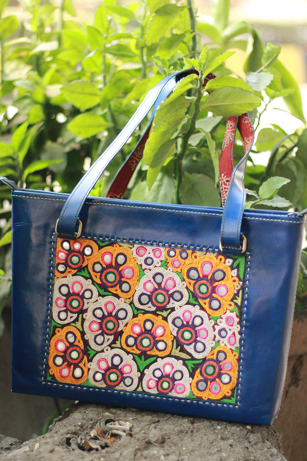 Handcrafted Kutch Leather Bag | Mirrorwork | Blue