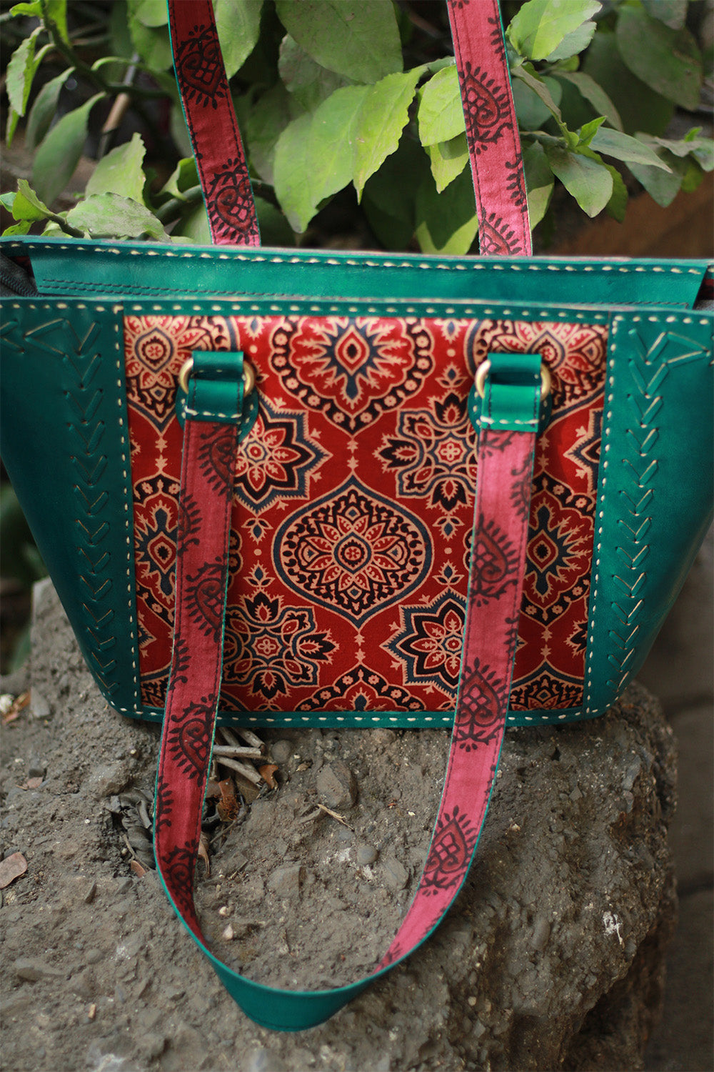 Handcrafted Kutch Leather Bag | Mirrorwork | Teal