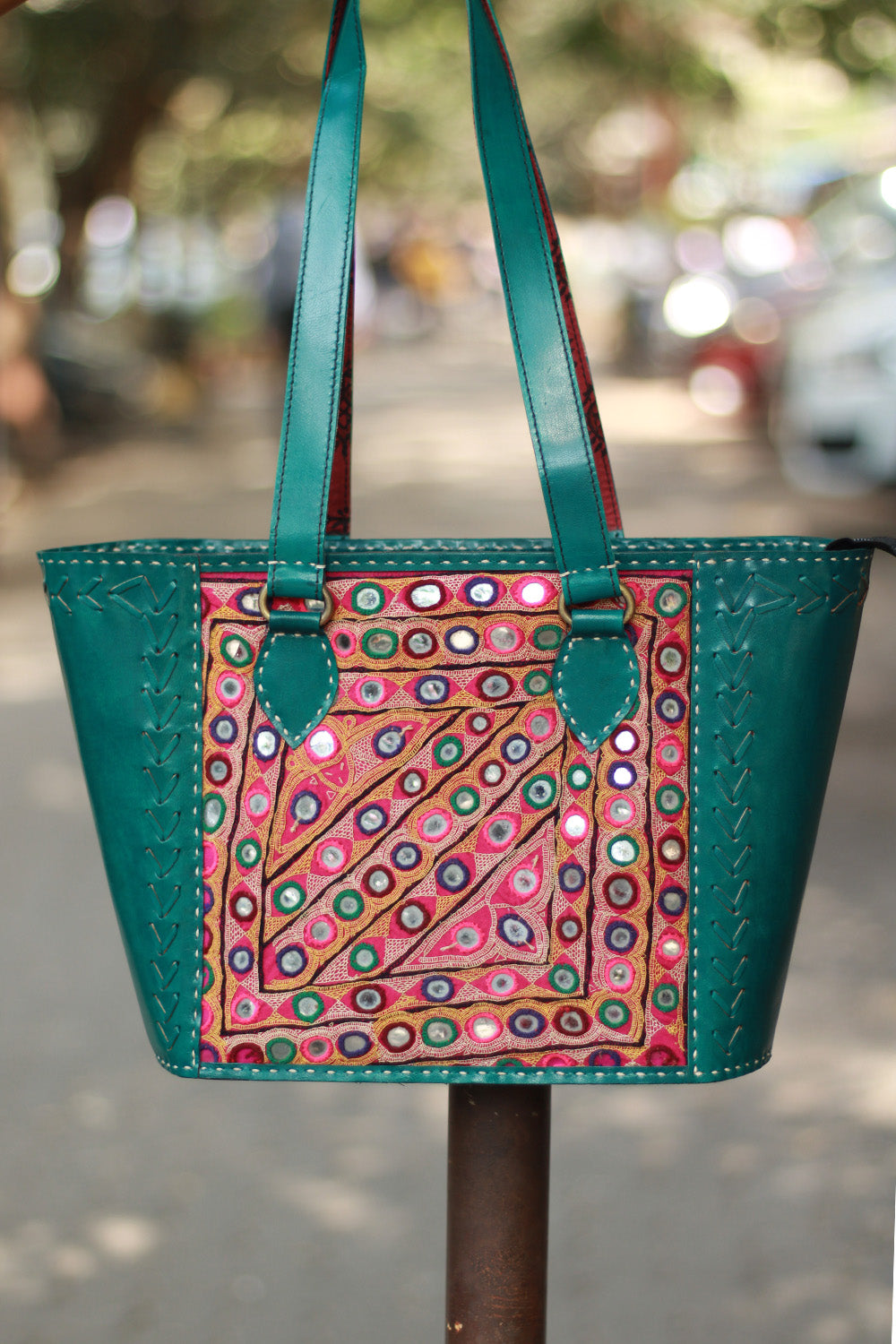 Handcrafted Kutch Leather Bag | Mirrorwork | Teal