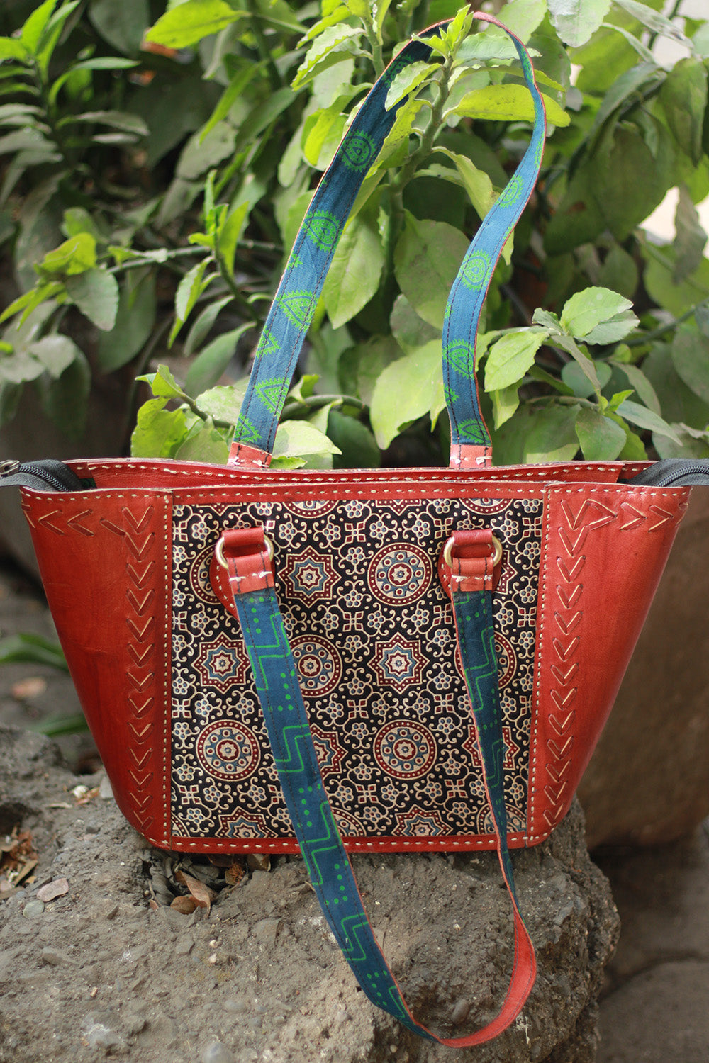 Handcrafted Kutch Leather Bag | Ajrakh
