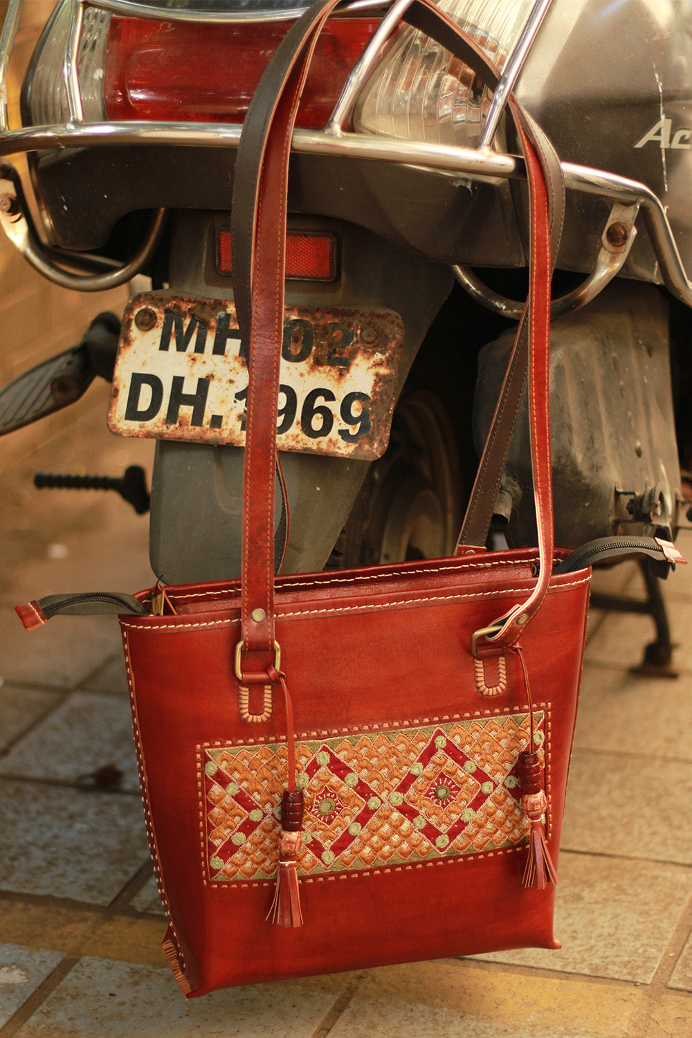 Handcrafted Kutch Leather Bag | Mirrorwork | Brown