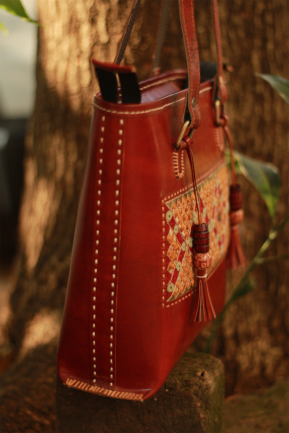 Handcrafted Kutch Leather Bag | Mirrorwork | Brown