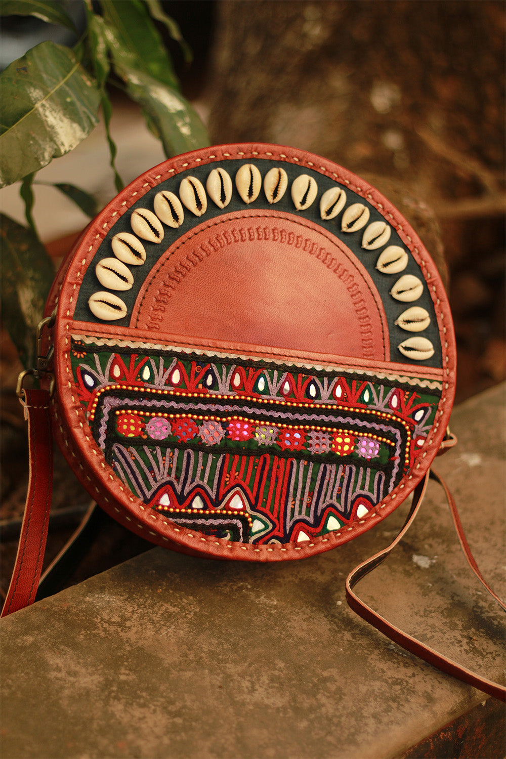 Handcrafted Kutch Leather Bag | Mirrorwork | Brown