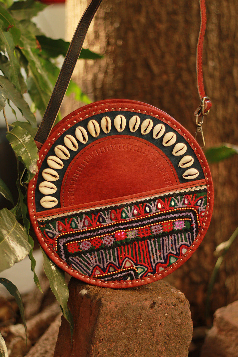 Handcrafted Kutch Leather Bag | Mirrorwork | Brown