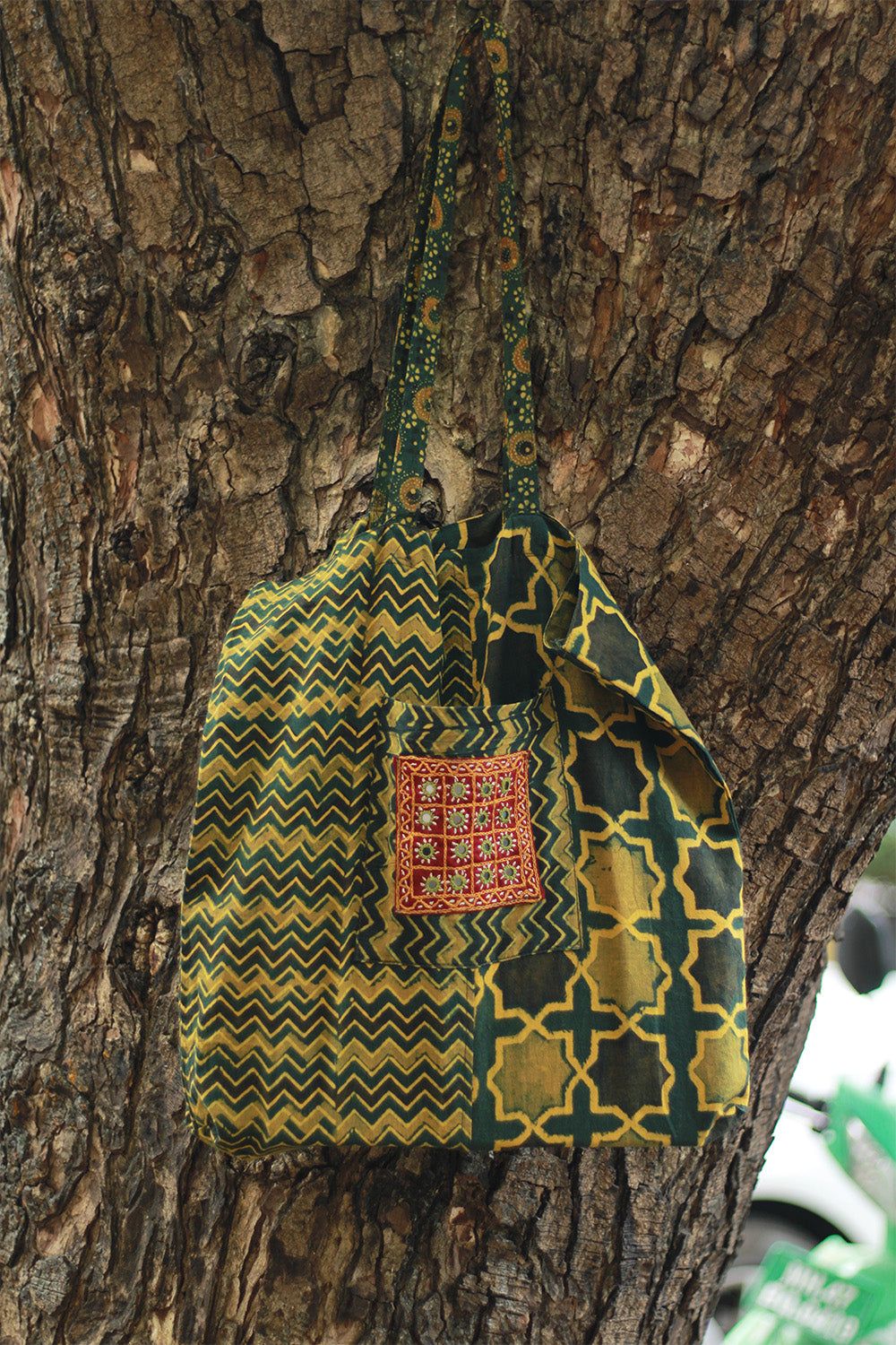 Fabric Jhola Bag | Green Shatkon Ajrakh