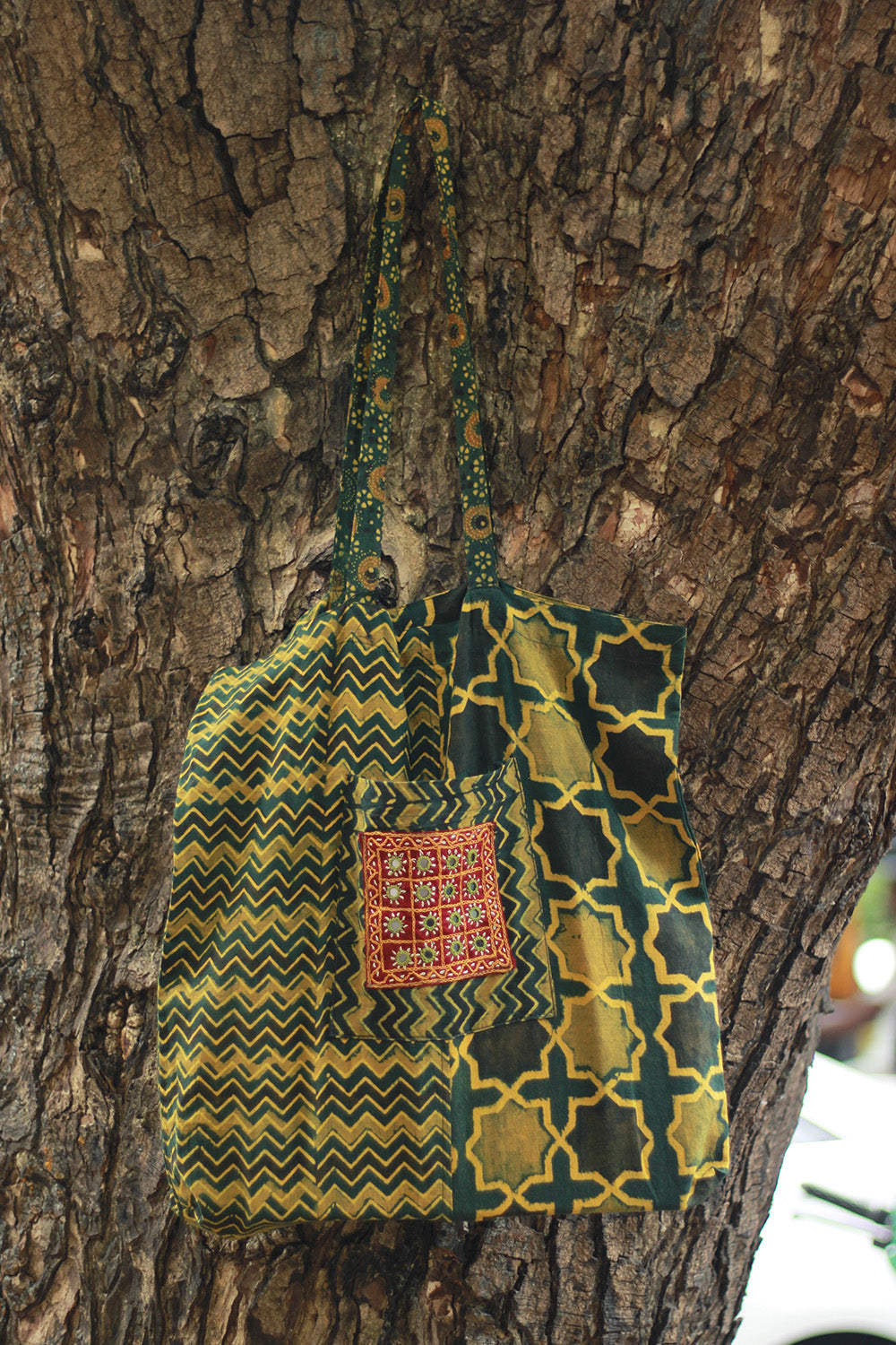 Fabric Jhola Bag | Green Shatkon Ajrakh