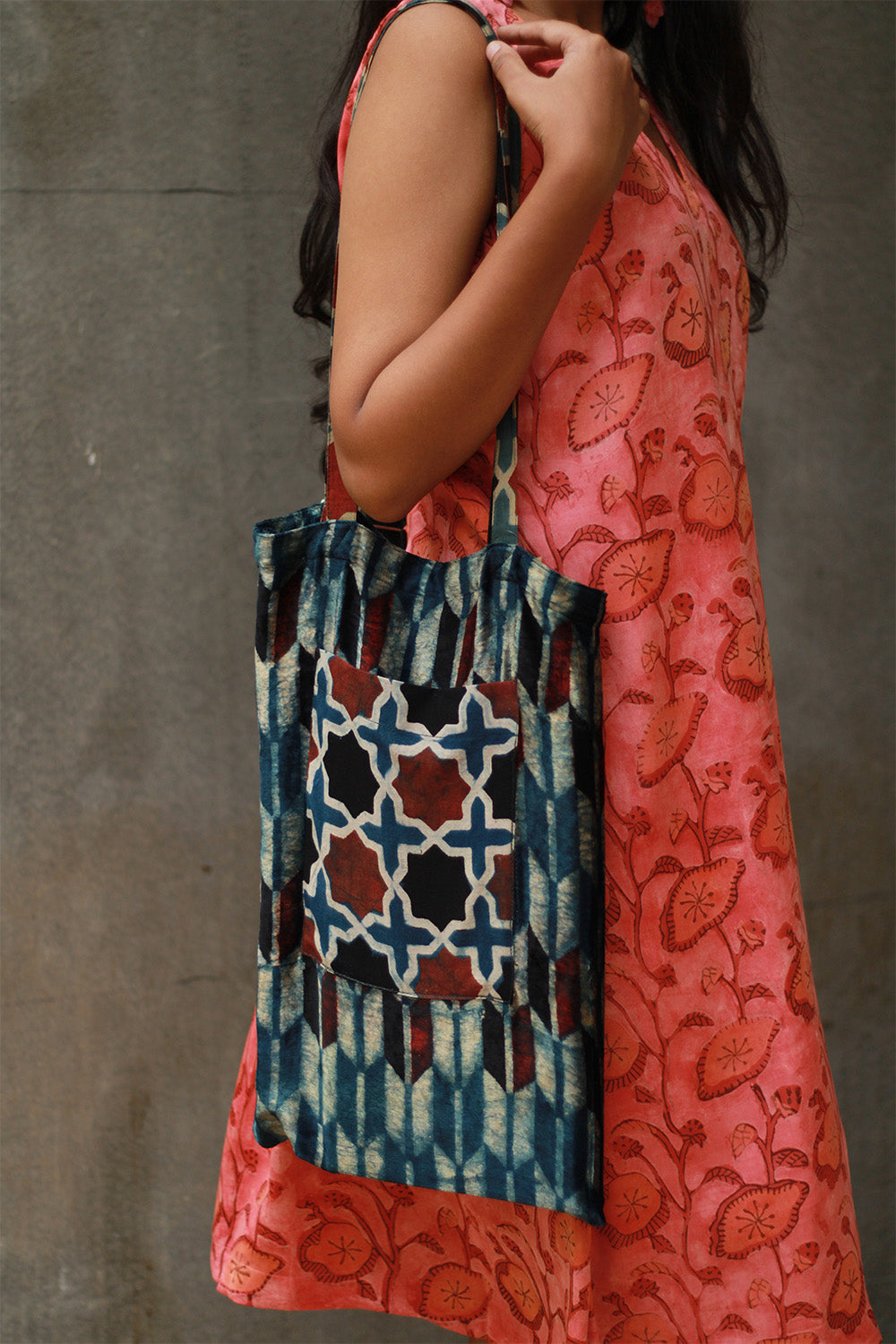 Fabric Jhola Bag | Blue & Rust Shatkon Ajrakh