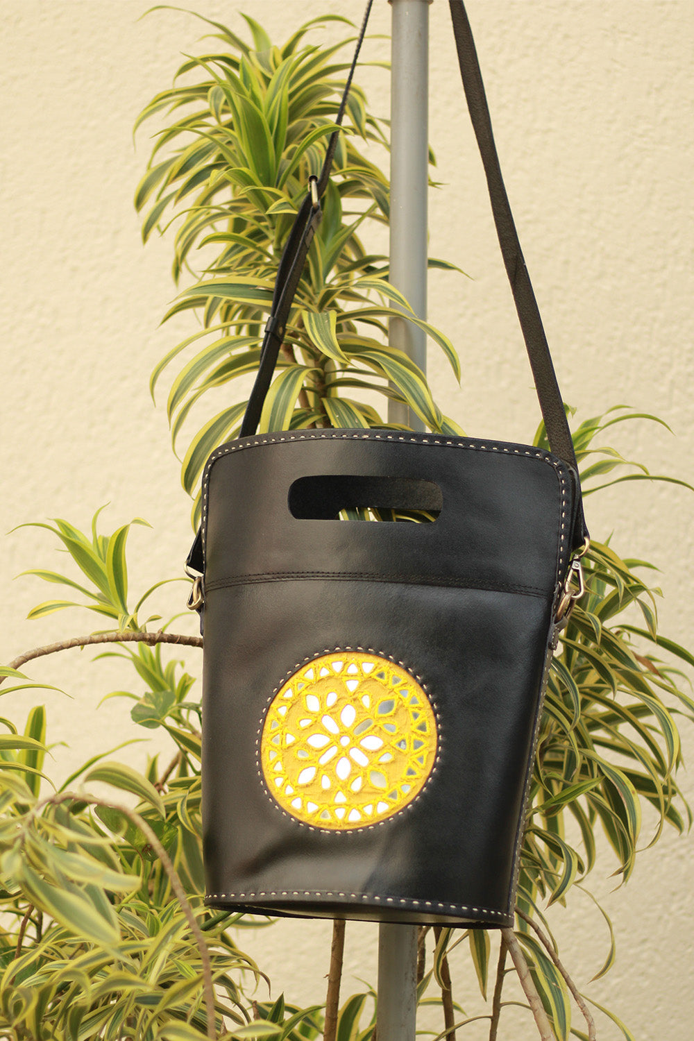 Handcrafted Kutch Leather Bag | Mirrorwork | Noir