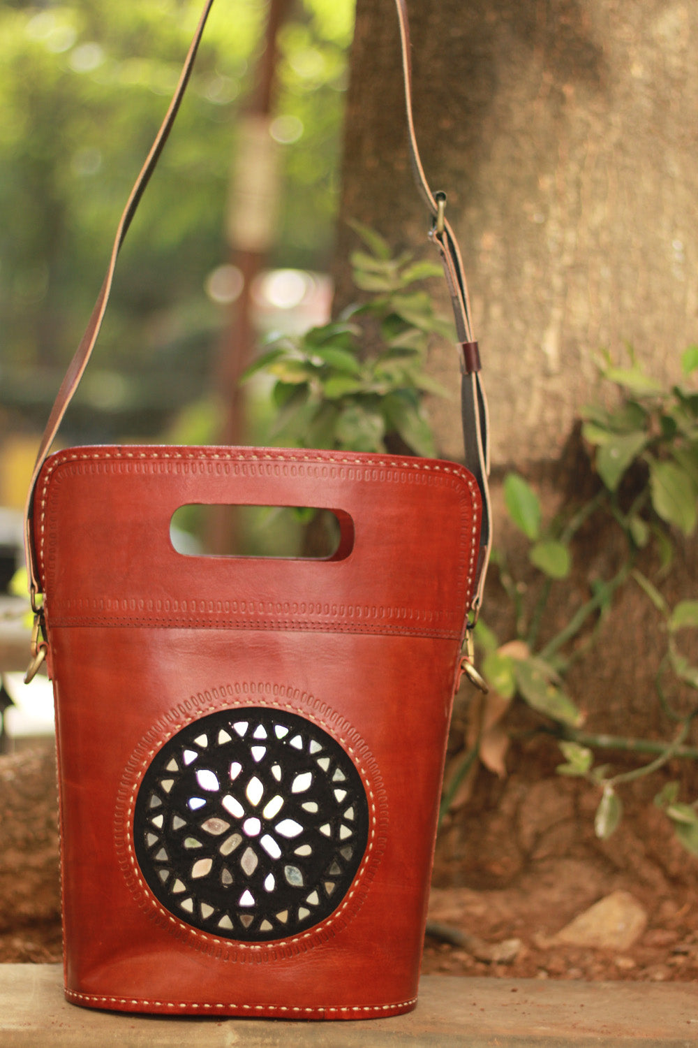 Handcrafted Kutch Leather Bag | Mirrorwork | Brown
