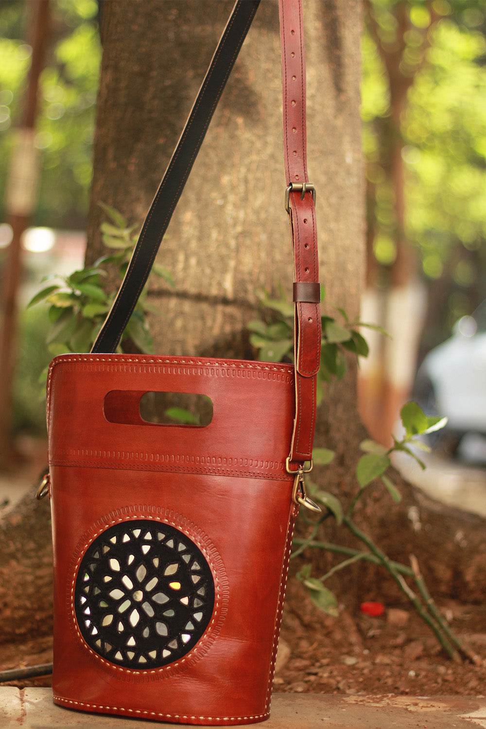Handcrafted Kutch Leather Bag | Mirrorwork | Brown