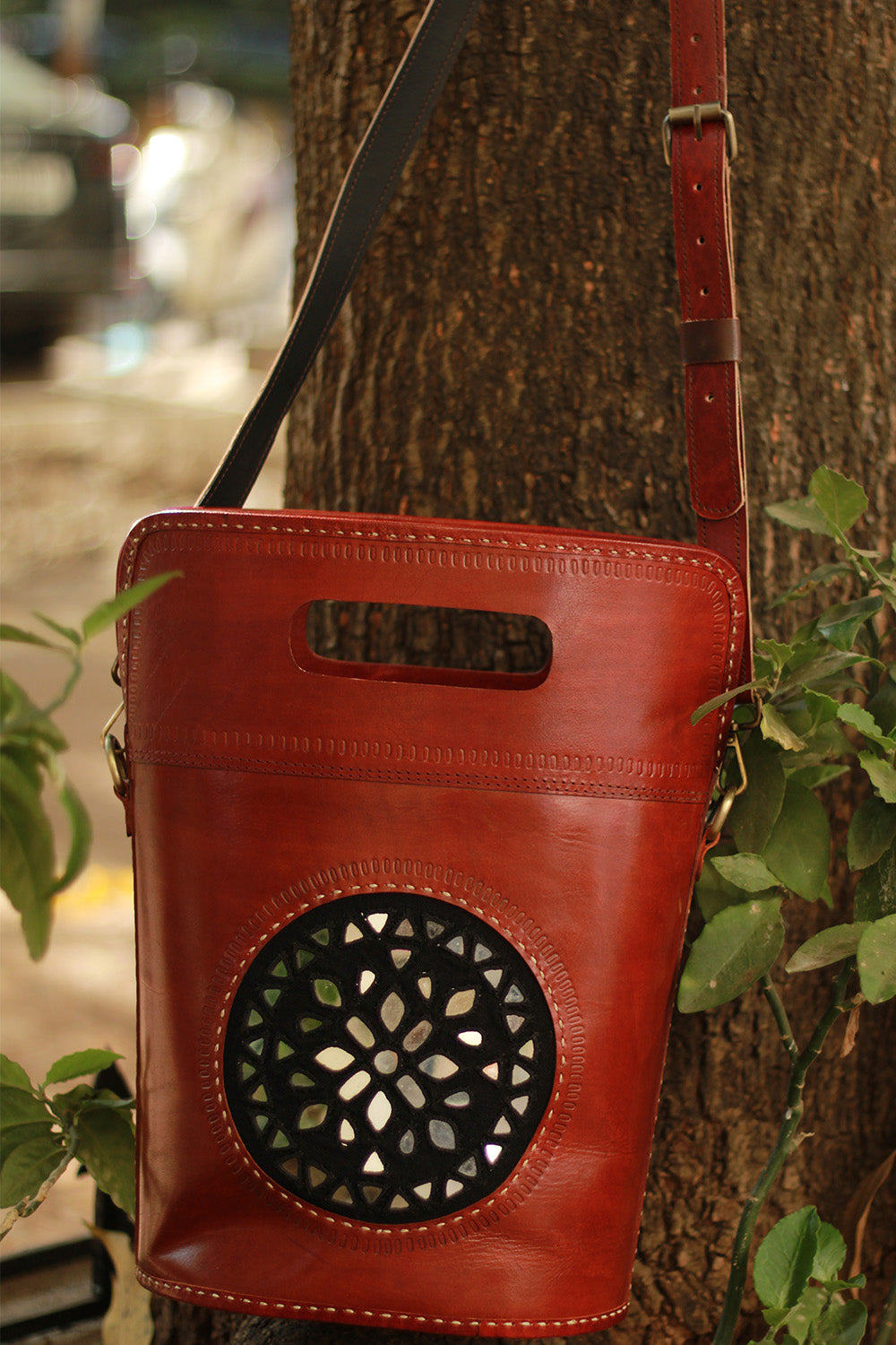 Handcrafted Kutch Leather Bag | Mirrorwork | Brown