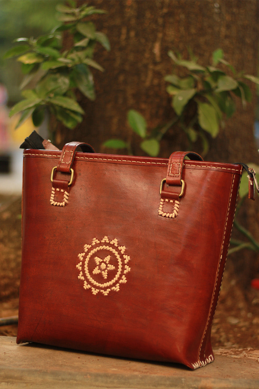 Handcrafted Kutch Leather Bag | Punchwork | Brown
