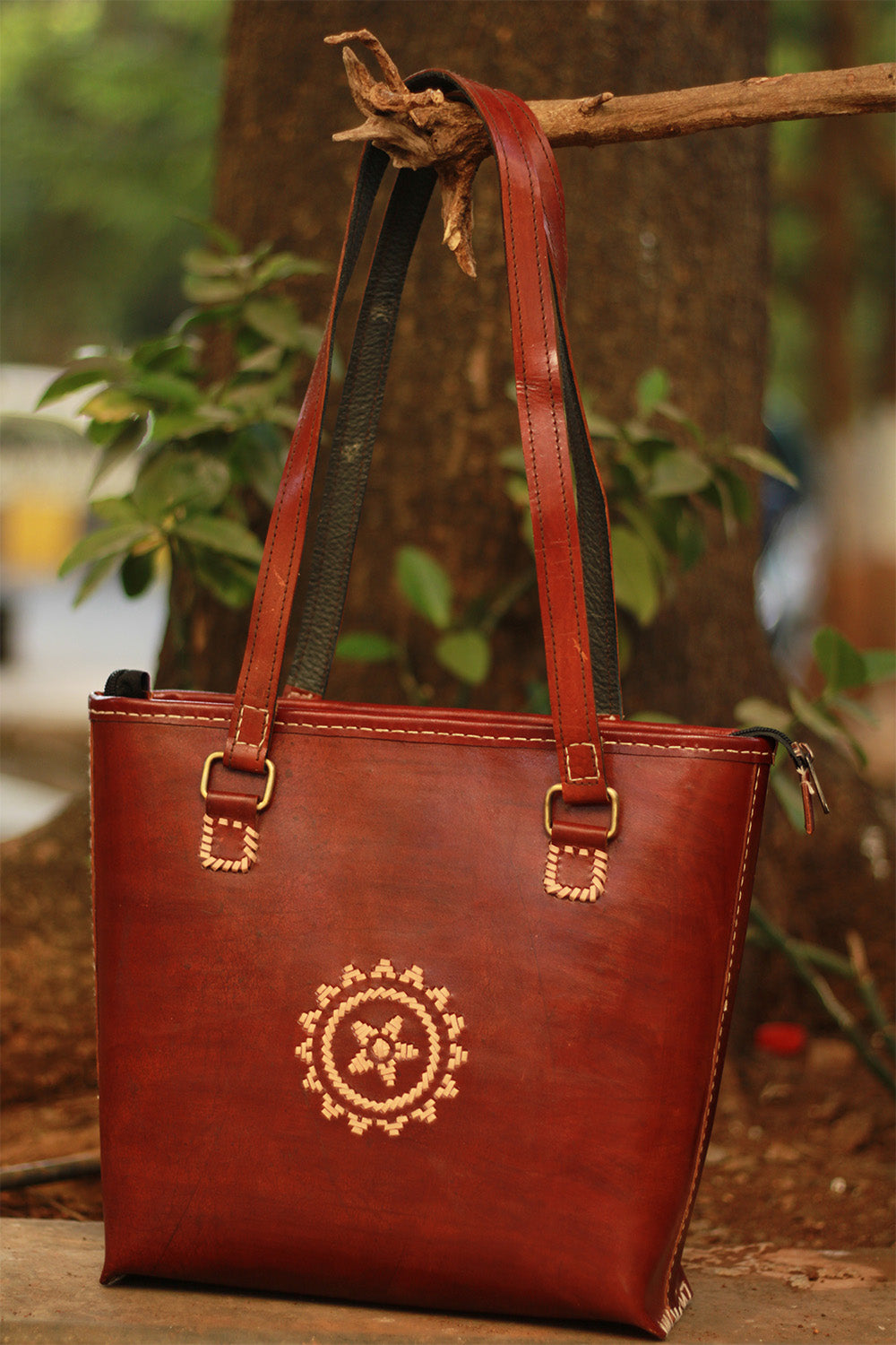 Handcrafted Kutch Leather Bag | Punchwork | Brown
