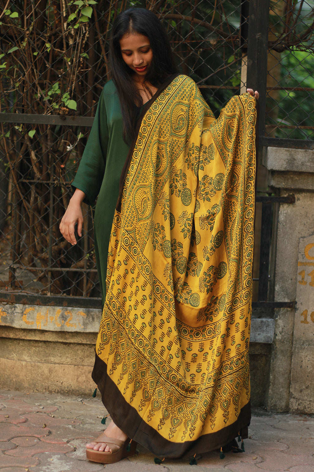 Modal Silk Dupatta | Yellow Floral Ajrakh