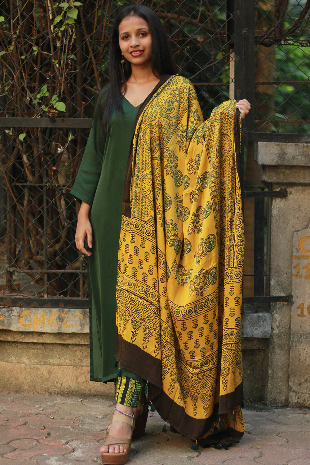 Modal Silk Dupatta | Yellow Floral Ajrakh
