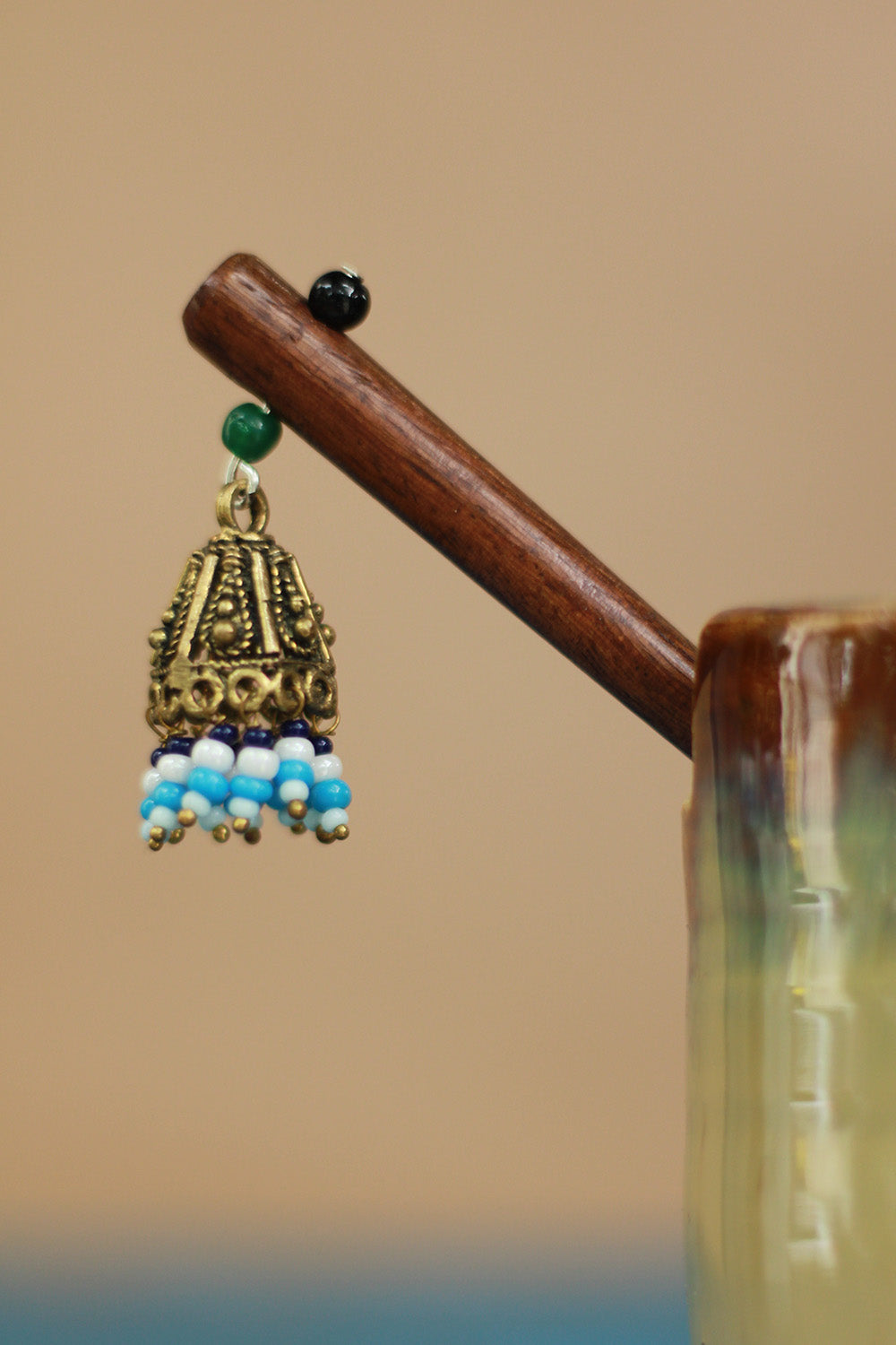 Anokhi | Small Jhumka Juda stick | White & Blue