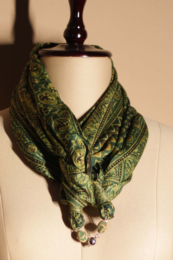 Scarf with Magnets | Green Chevron Ajrakh