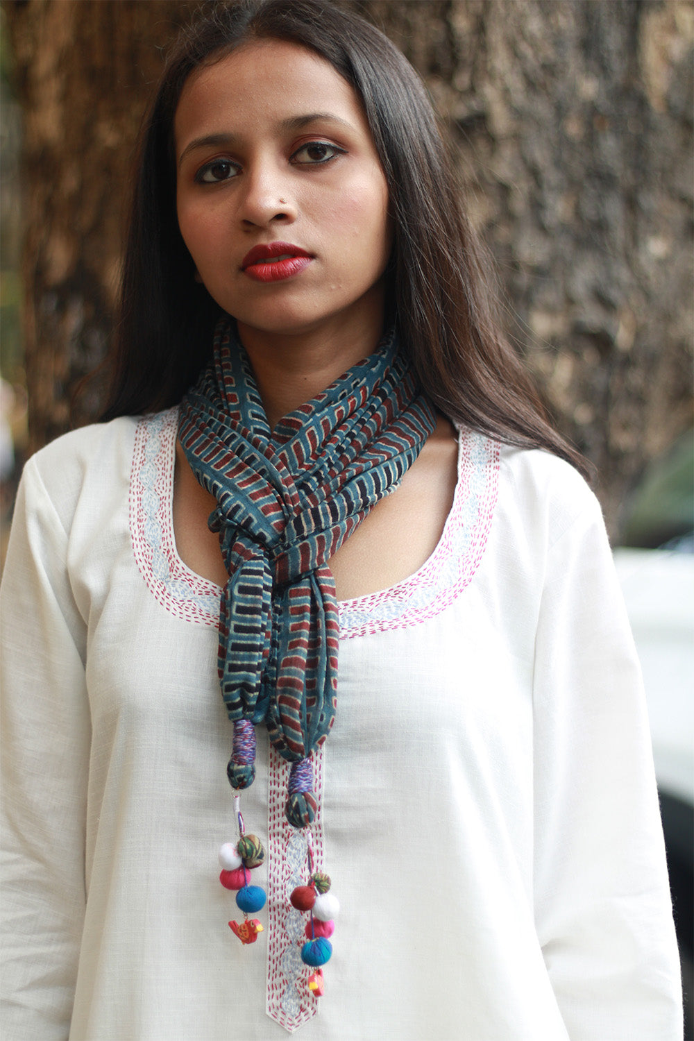 Phirki | Jewelled scarf | Mul Cotton | Rouge and Navy Ajrakh