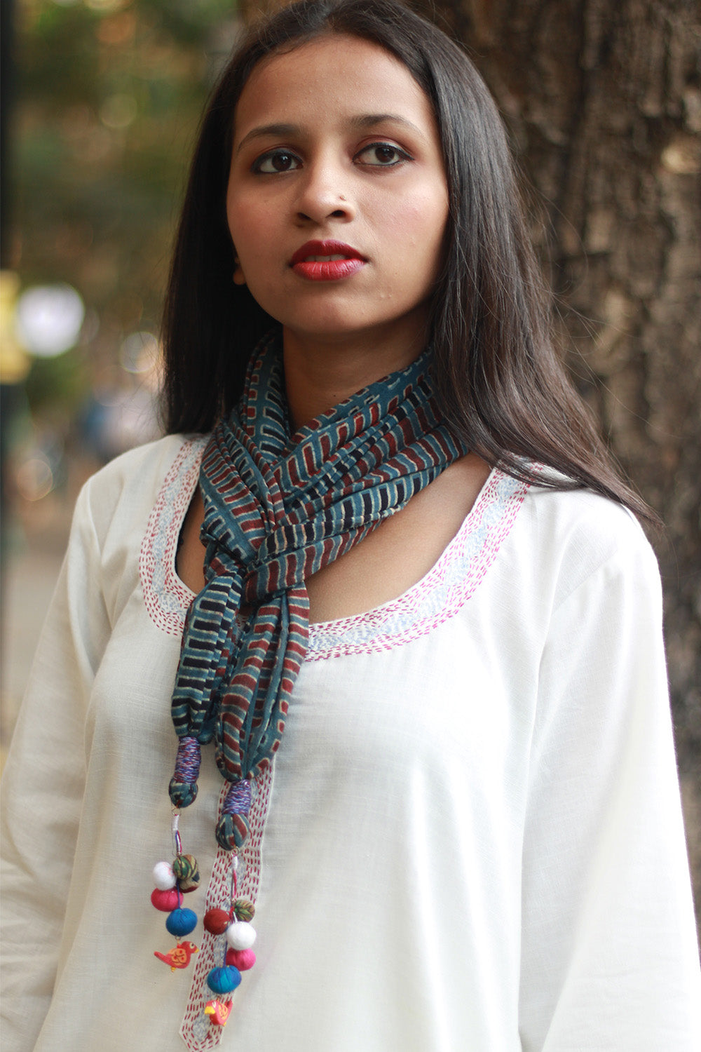 Phirki | Jewelled scarf | Mul Cotton | Rouge and Navy Ajrakh