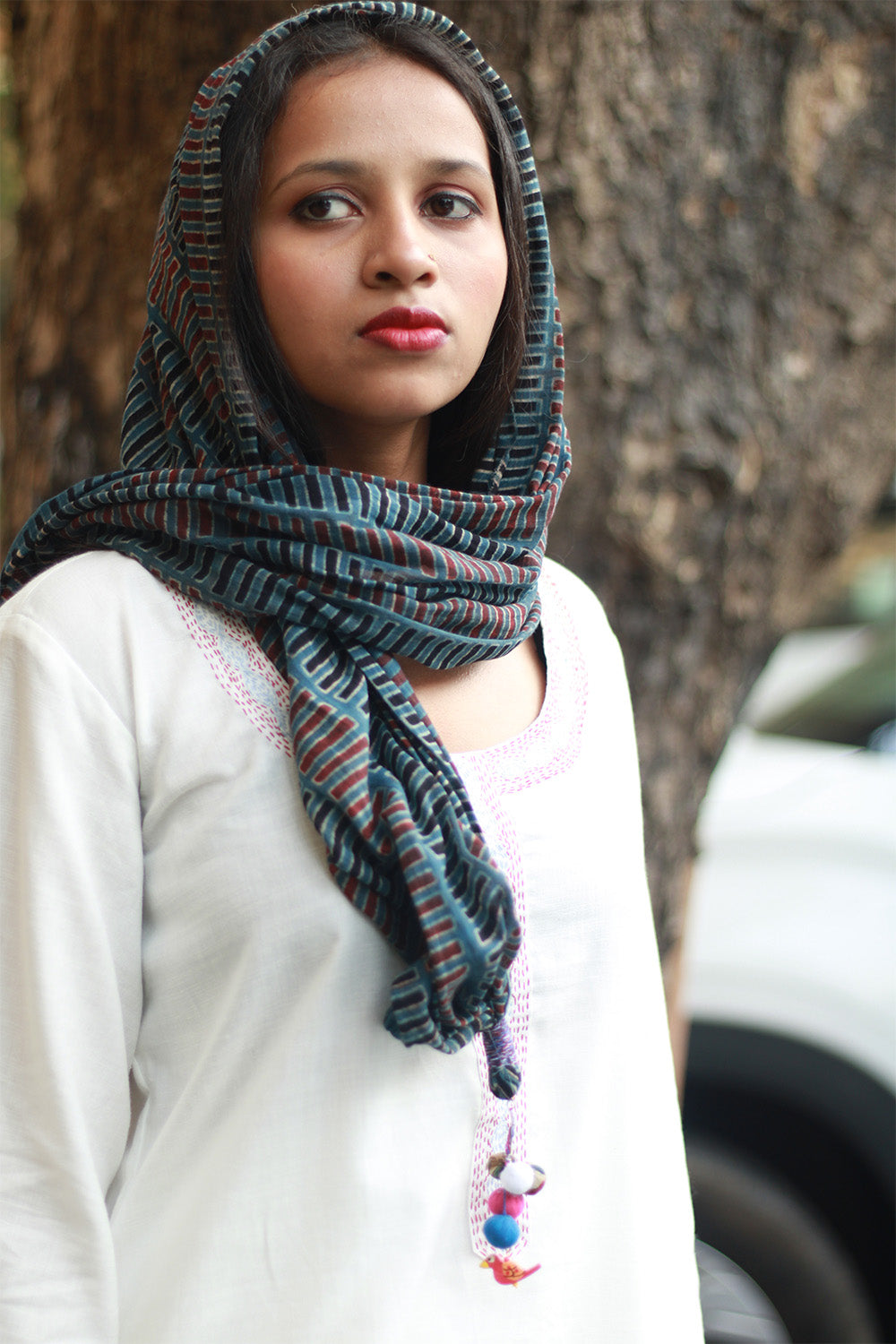 Phirki | Jewelled scarf | Mul Cotton | Rouge and Navy Ajrakh