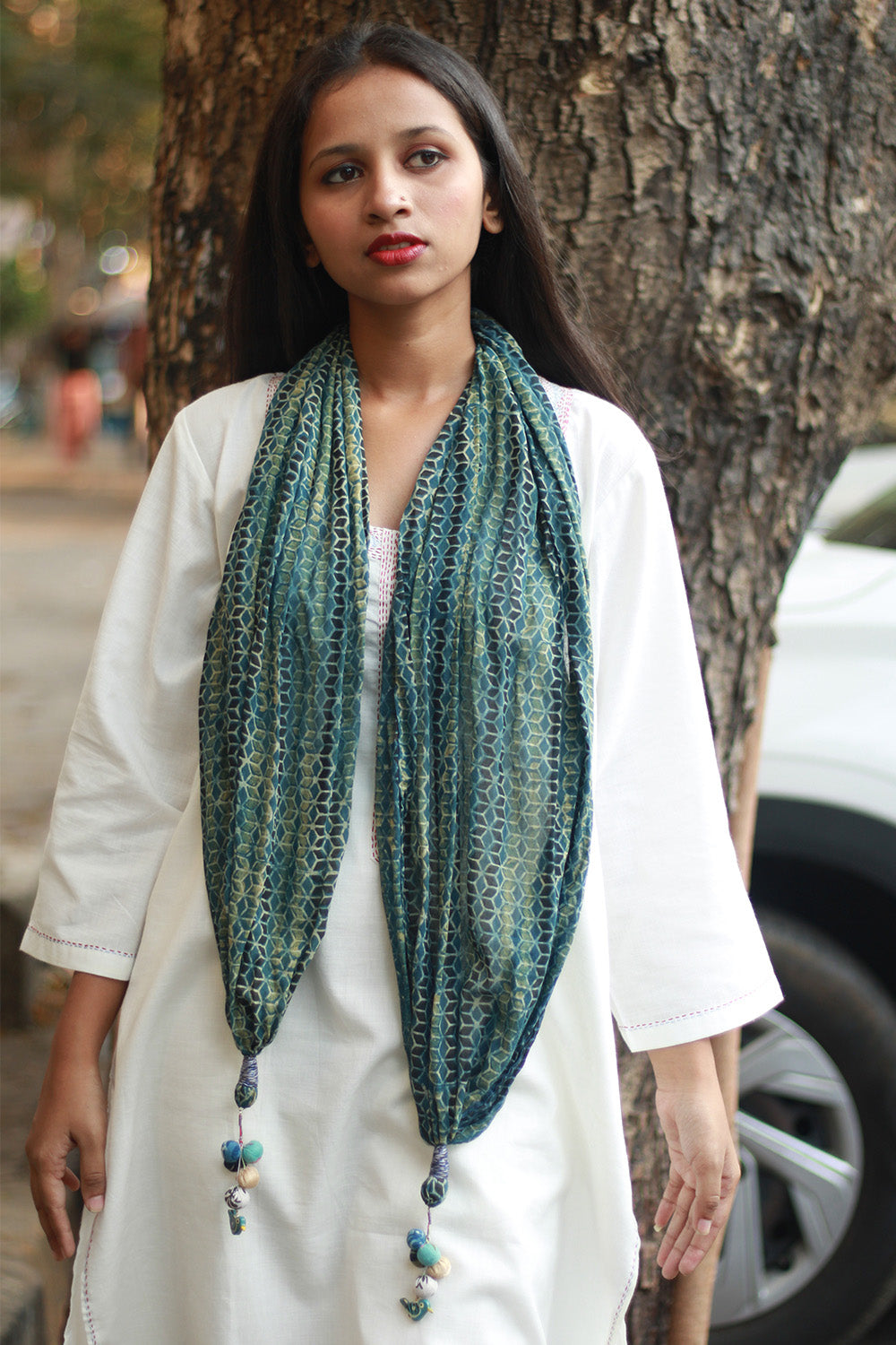 Phirki | Jewelled scarf | Mul Cotton | Sea Green Ajrakh
