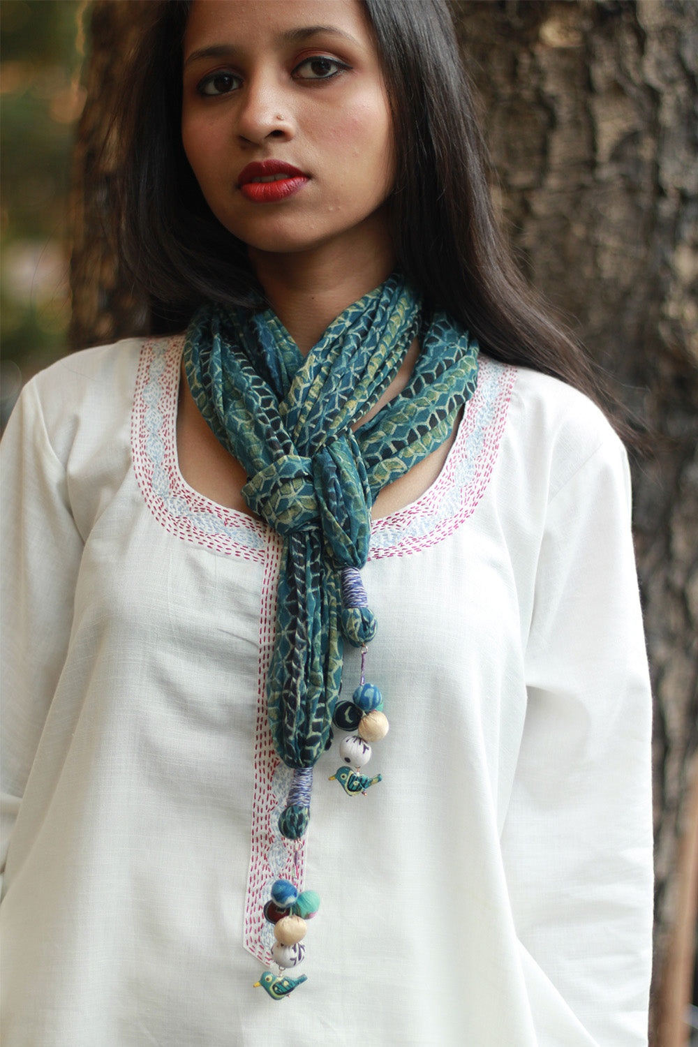 Phirki | Jewelled scarf | Mul Cotton | Sea Green Ajrakh