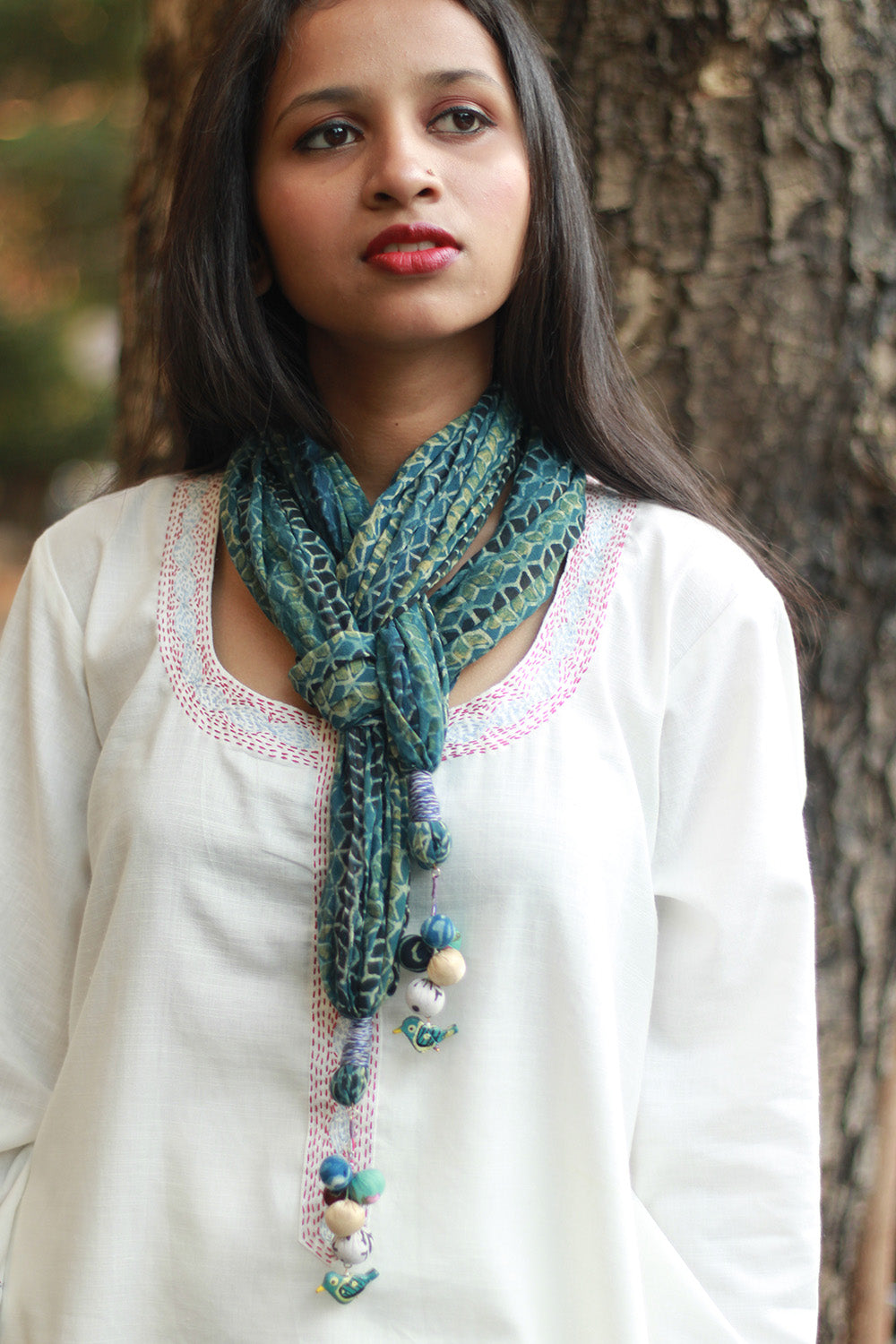 Phirki | Jewelled scarf | Mul Cotton | Sea Green Ajrakh