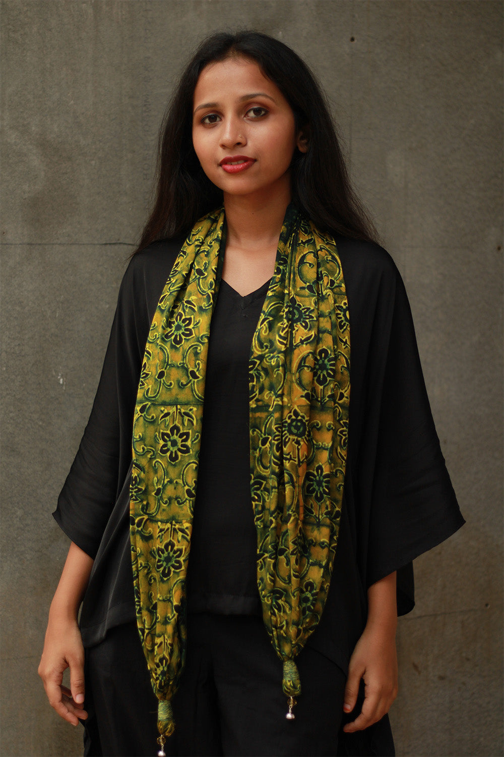 Scarf with Magnets | Green Floral Ajrakh