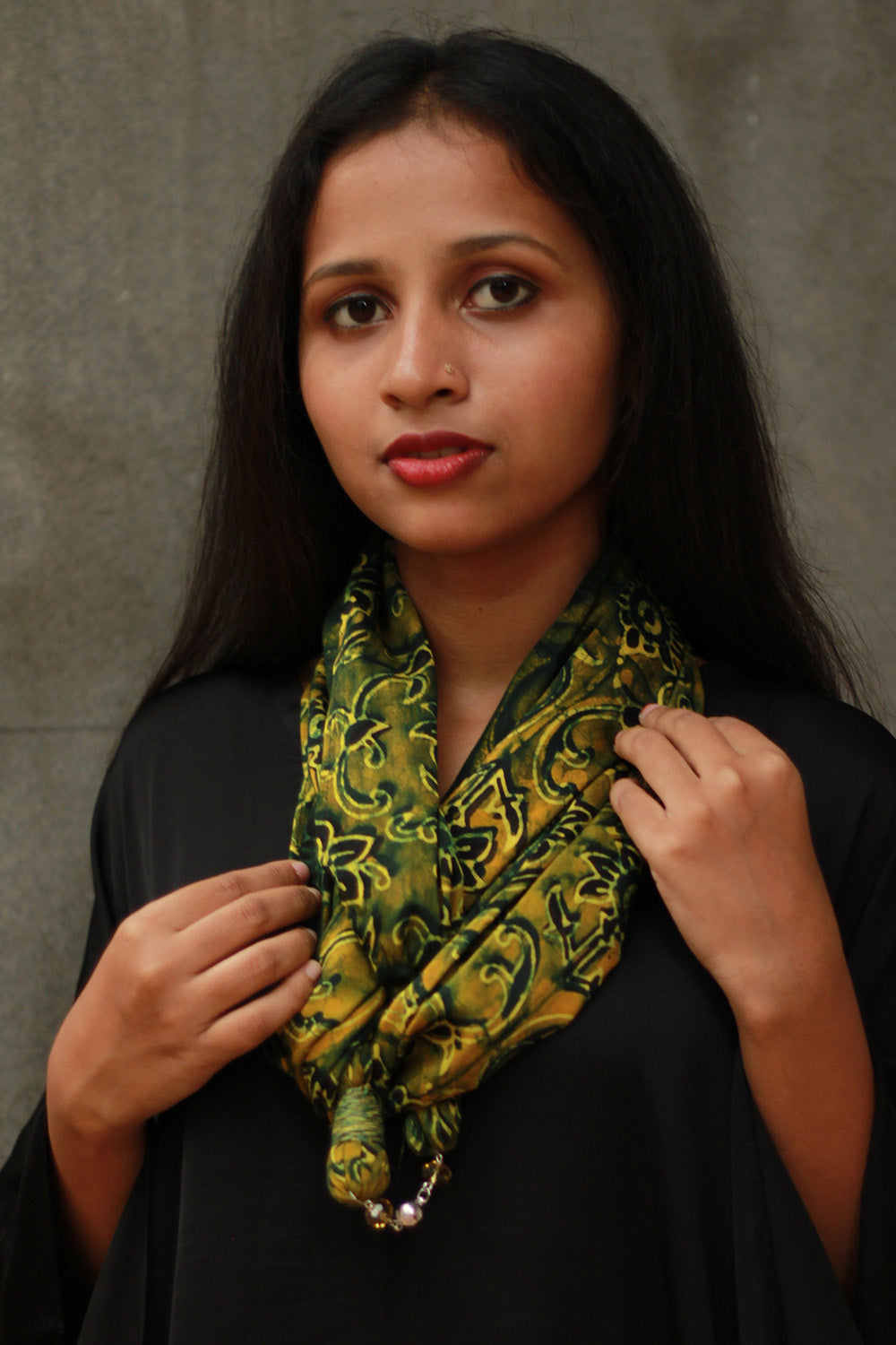 Scarf with Magnets | Green Floral Ajrakh