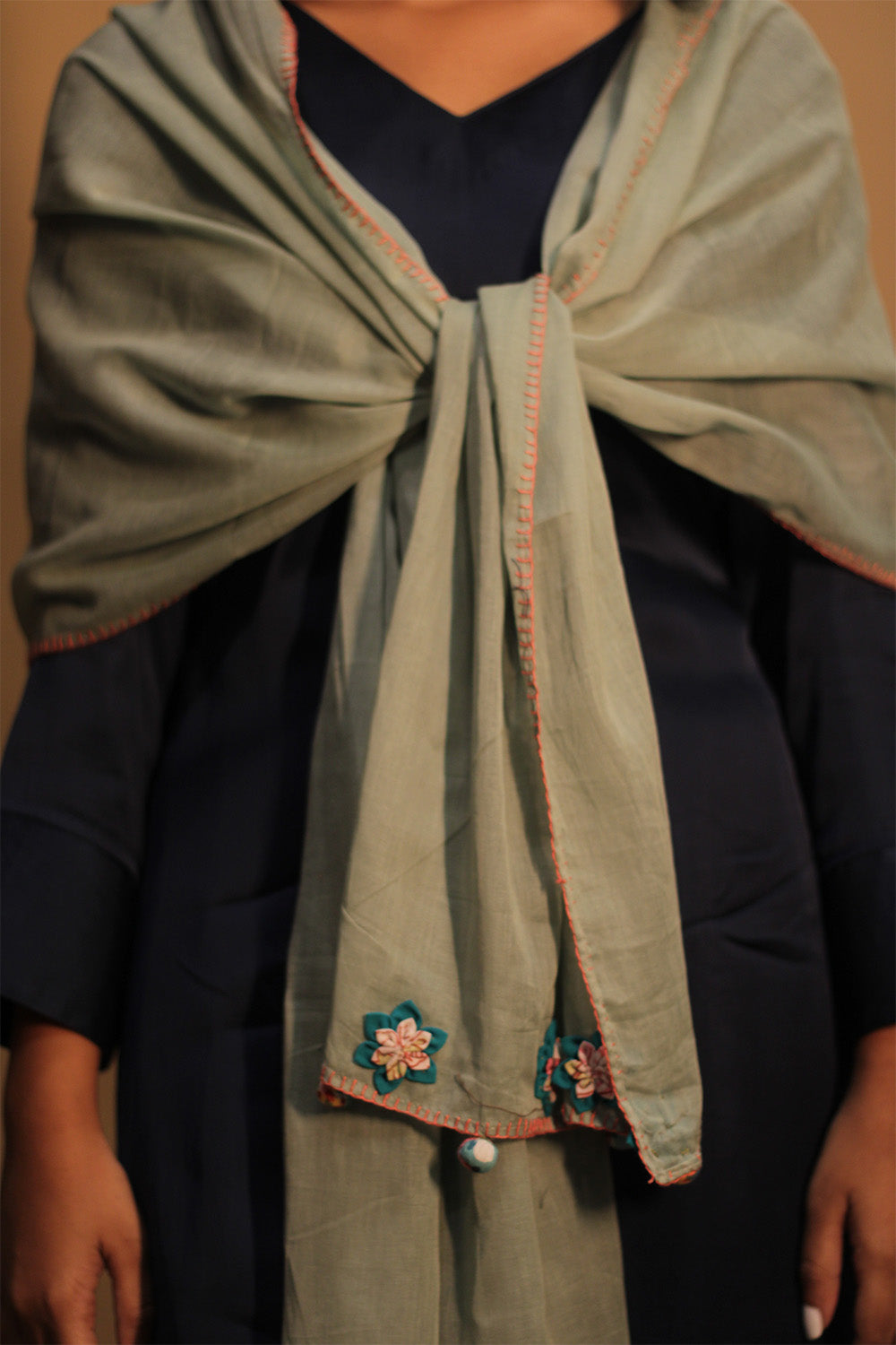 Phulwari | Mul Stole with Chindi Florets | Sage Green with Teal flowers