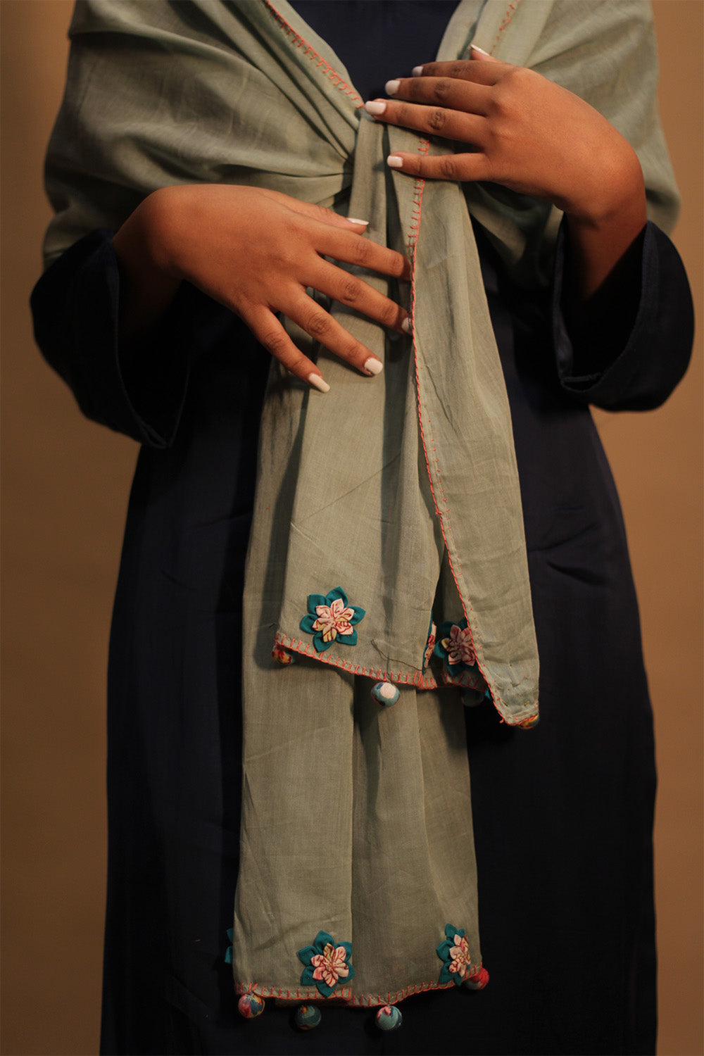 Phulwari | Mul Stole with Chindi Florets | Sage Green with Teal flowers