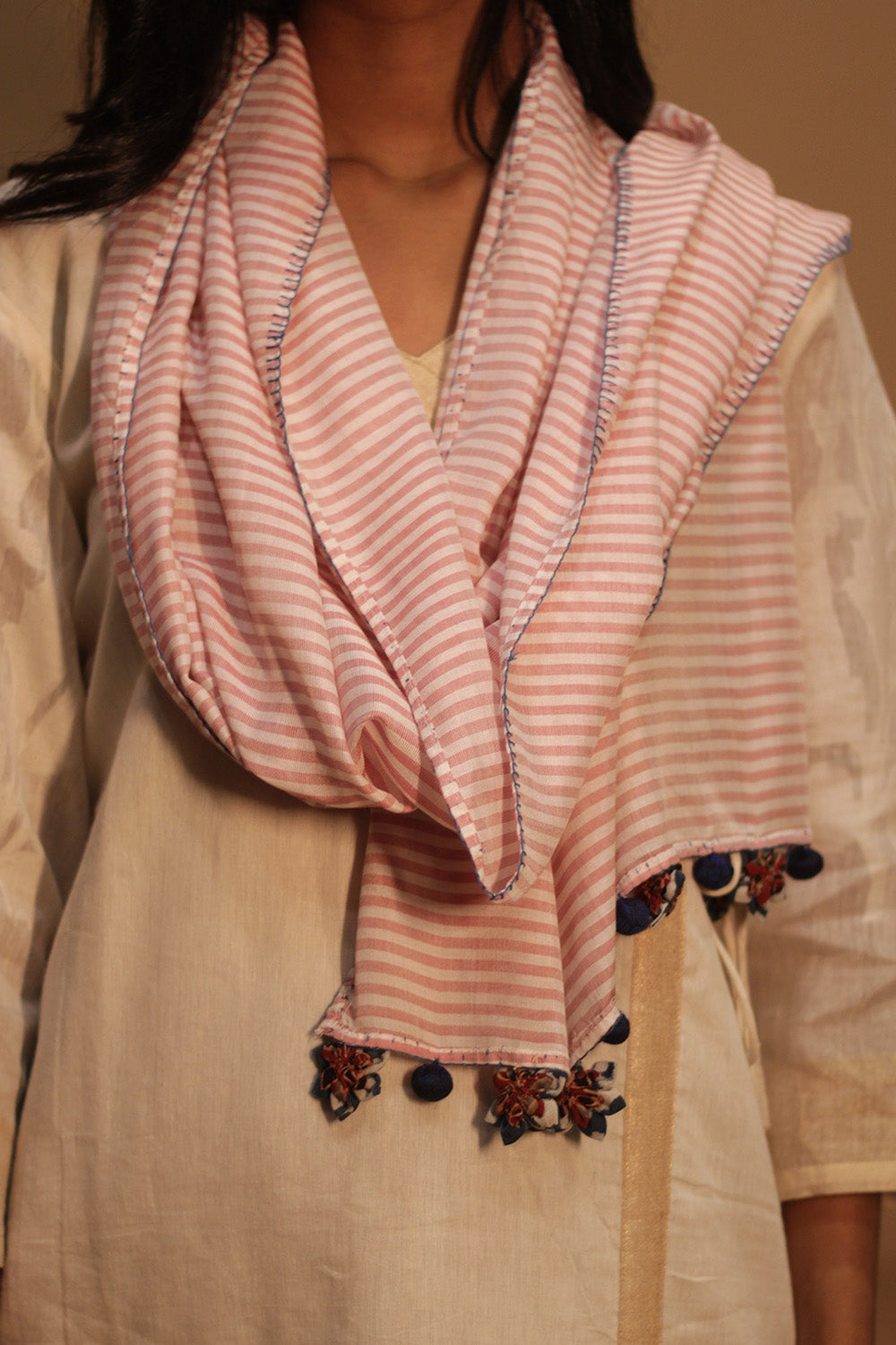 Phulwari | Maheshwari Stole with Chindi Florettes | Pink Stripes