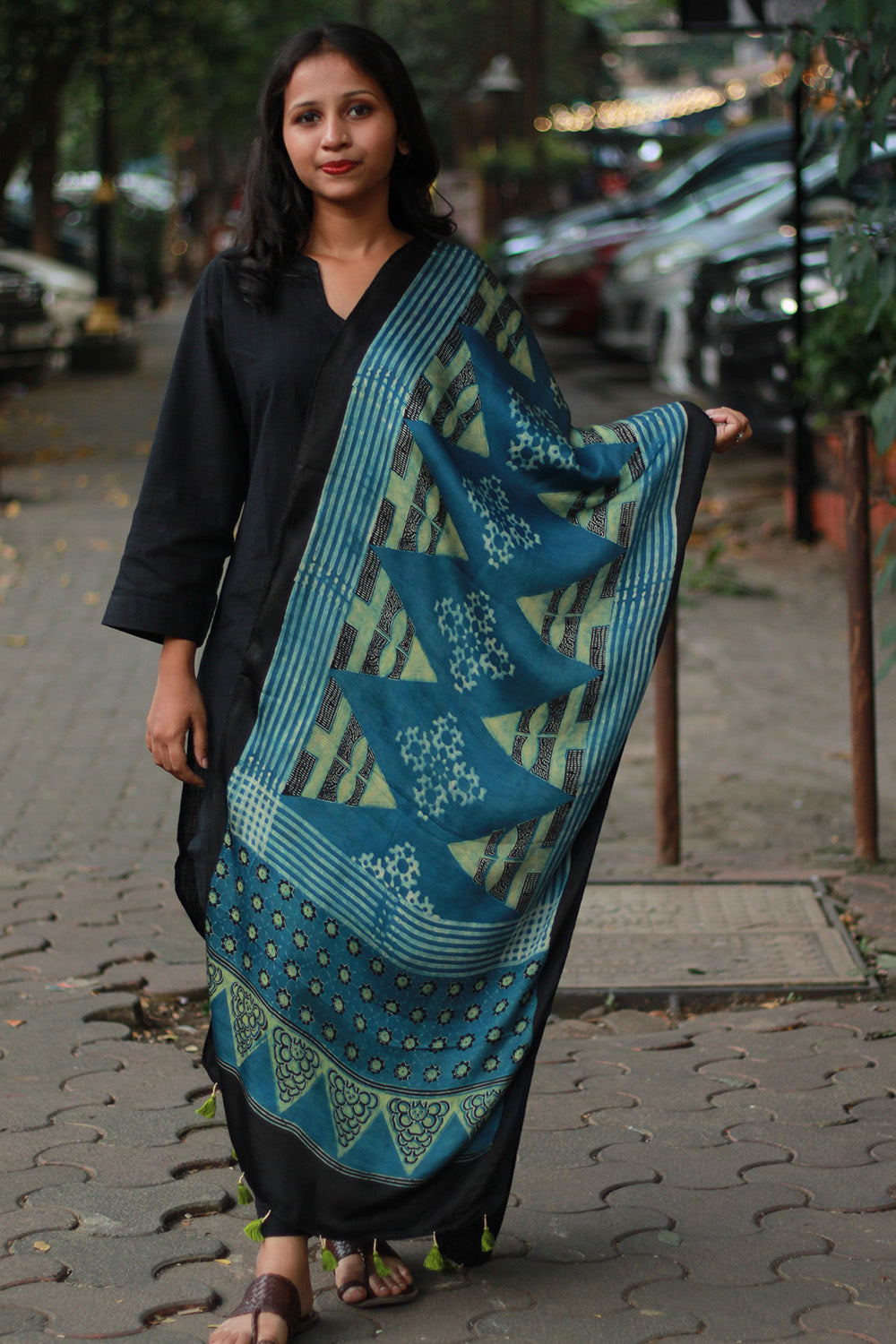 Antara | Modal Silk Stole | Indigo Trikon & Choukor Ajrakh