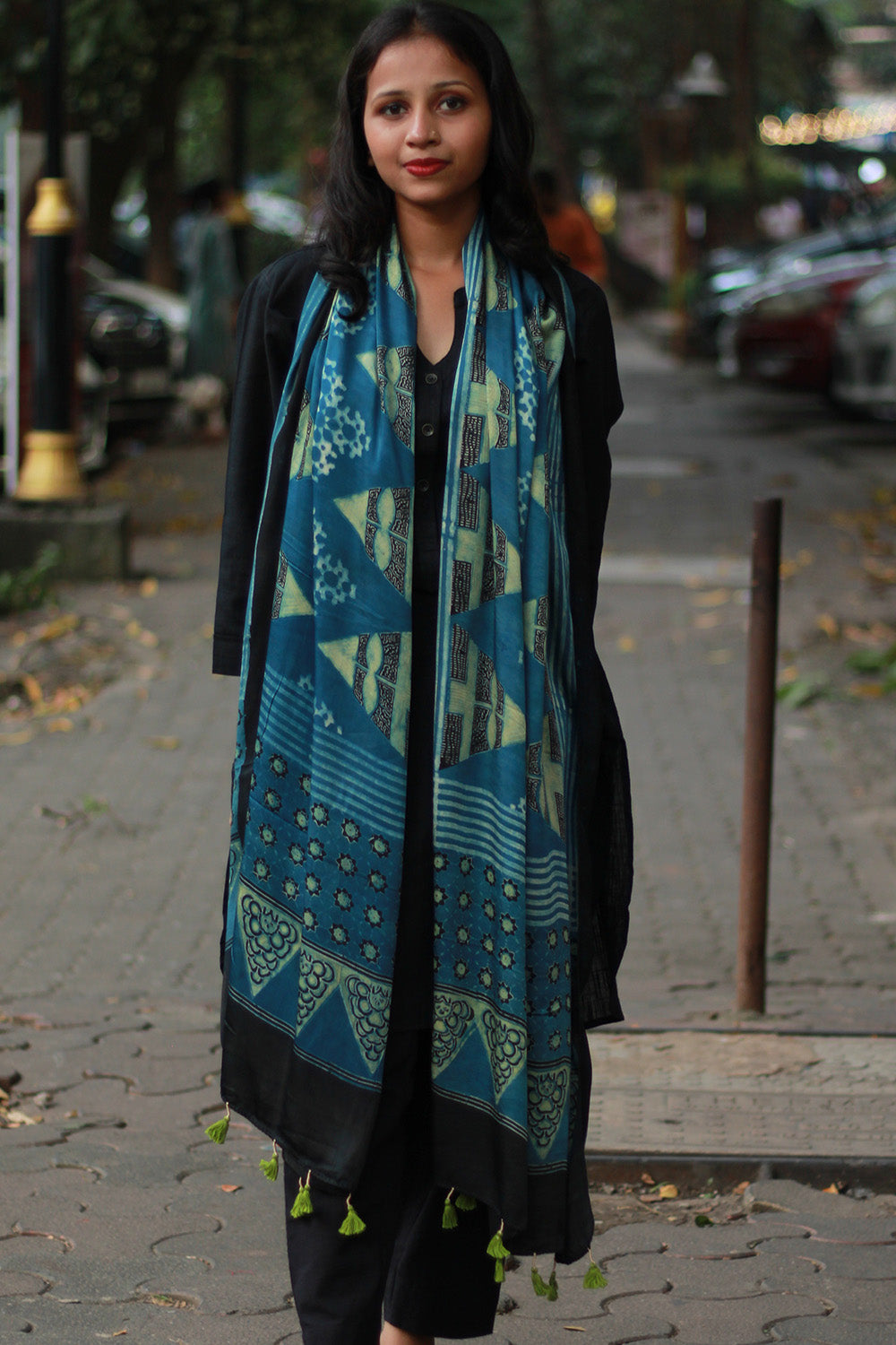 Antara | Modal Silk Stole | Indigo Trikon & Choukor Ajrakh