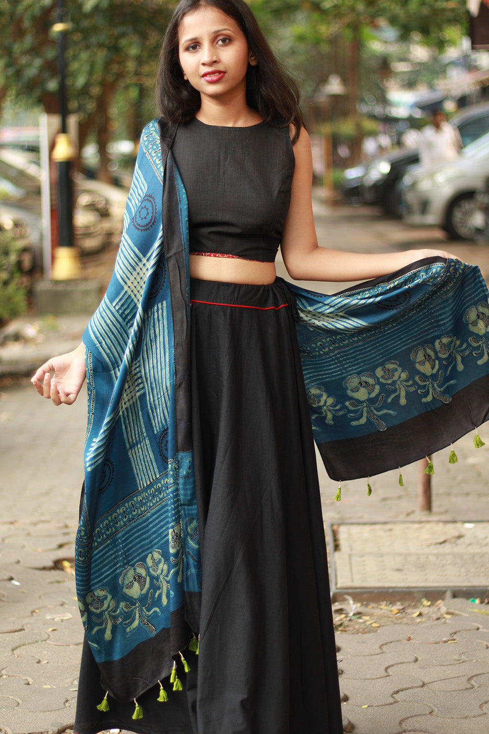 Antara | Modal Silk Stole | Indigo Stripes Ajrakh