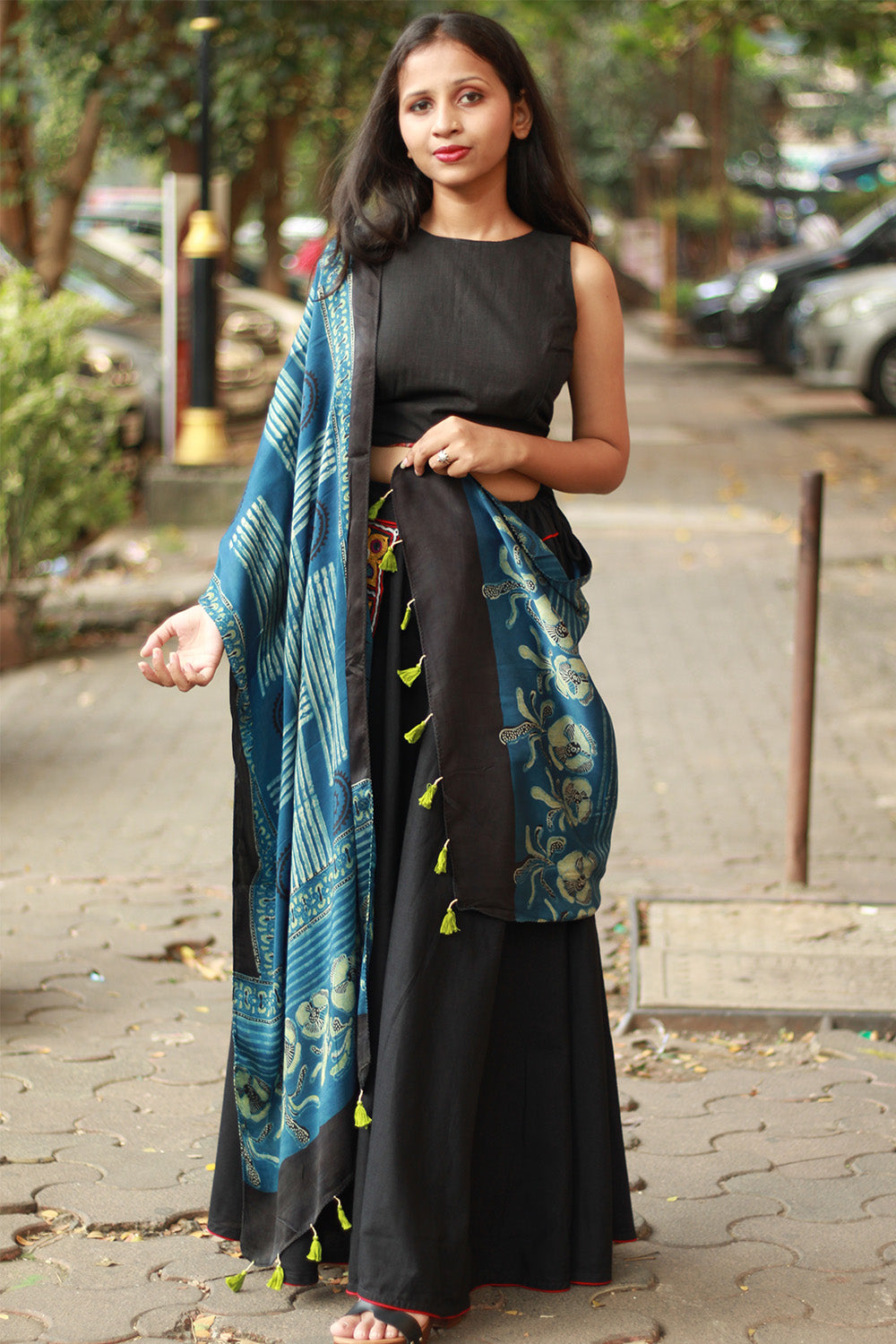 Antara | Modal Silk Stole | Indigo Stripes Ajrakh