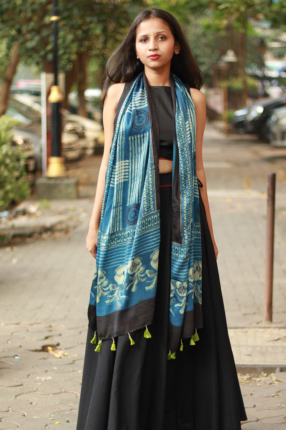 Antara | Modal Silk Stole | Indigo Stripes Ajrakh