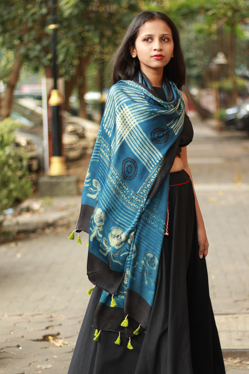 Antara | Modal Silk Stole | Indigo Stripes Ajrakh