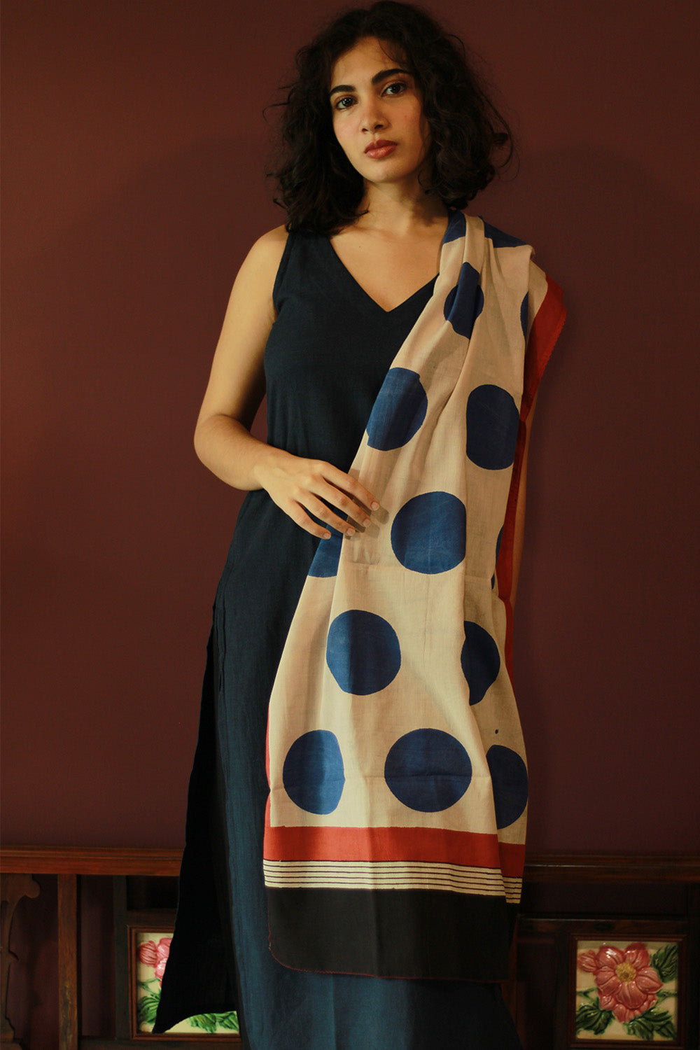 Cotton Stole | Bagru | Blue Polka